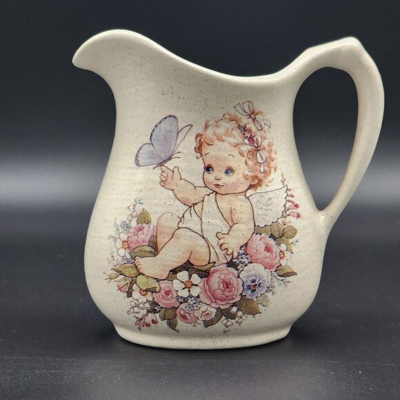 Arnel's Ceramic Creamer Speckled Baby Angle Butterfly Flowers Vintage - Picture 9 of 10